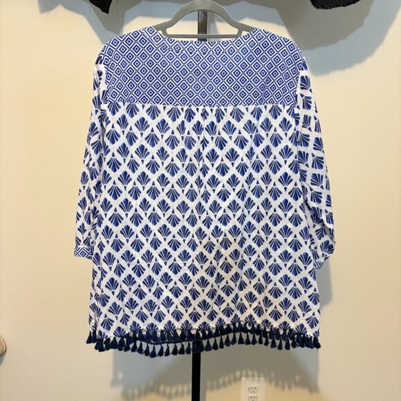 Talbots Woman Fringe Popover Printed Fans Tunic Tassel Hem Cotton - Picture 8 of 8